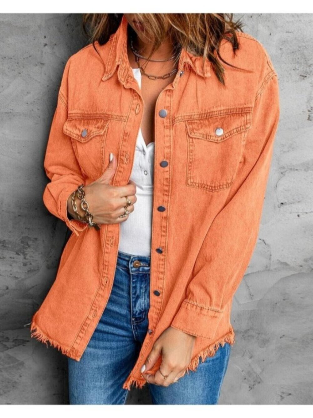 〽️Women Orange Drop Shoulder Button Up Oversized Frayed Raw Hem Denim Jean Jacke - Picture 4 of 6
